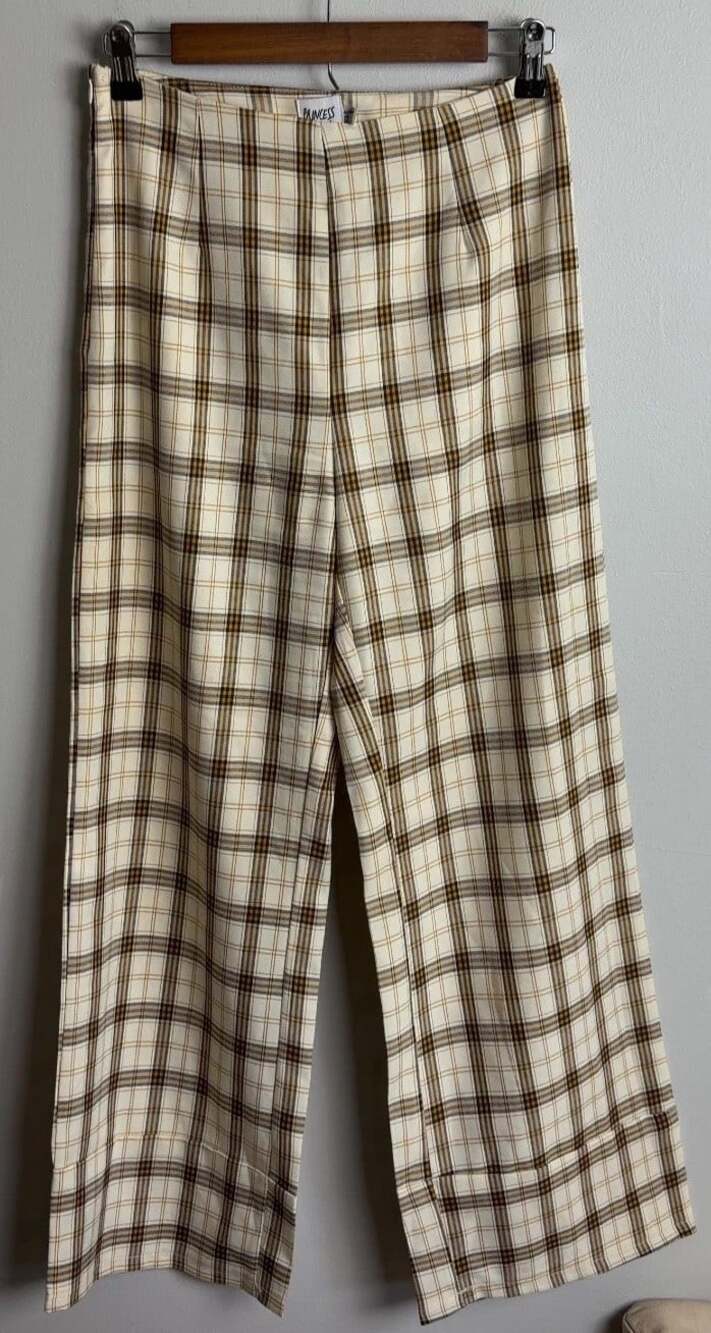 Princess Polly Plaid Trousers Wide Leg Cream Brown US 4 AU 8 Academia Women’s